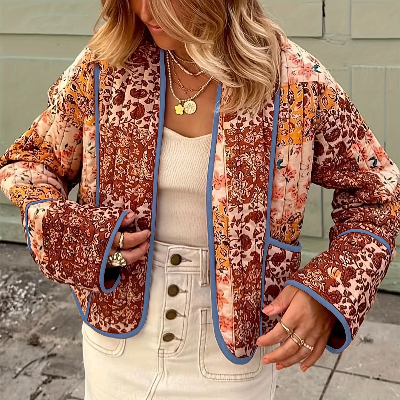 

Womens Reversible Lightweight Floral Printed Quilted Cardigan Jacket Cropped Open Front Padded Puffer Coat