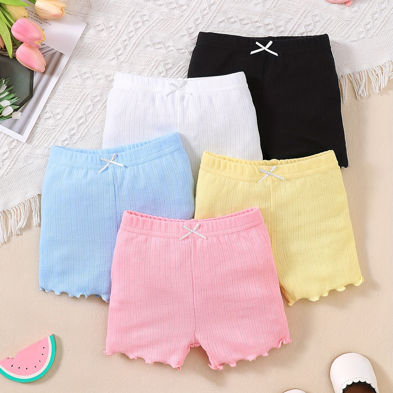 

5pcs Baby's Bowknot Decor Breathable Shorts, Solid Color Comfy Elastic Waist Bottoms, Infant & Toddler Girl's Clothing For Summer