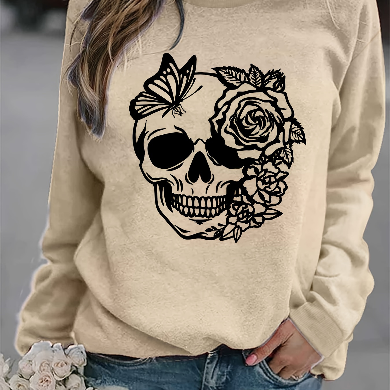 

Rose Skull Print Loose Sweatshirt, Casual Long Sleeve Crew Neck Sweatshirt, Women's Clothing