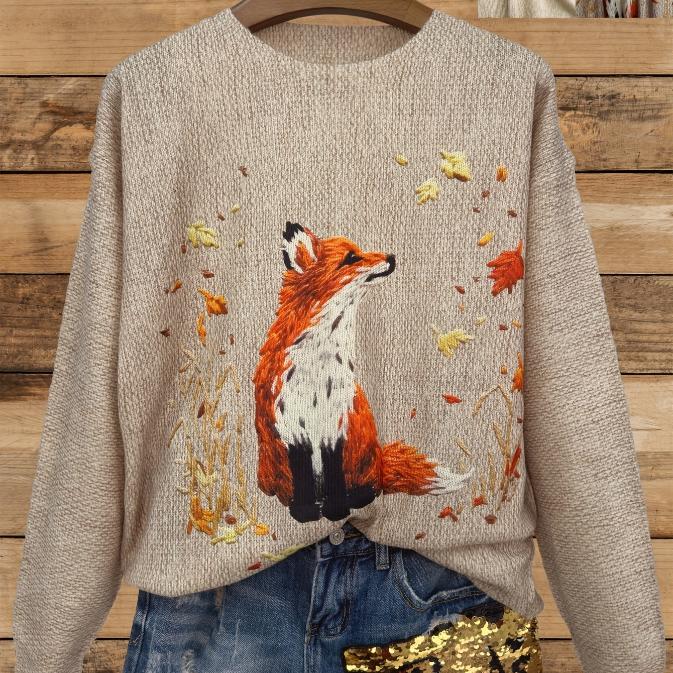 

Fox Print Thin Sweater, Casual Crew Neck Long Sleeve Sweater For Spring & Fall, Women's Clothing