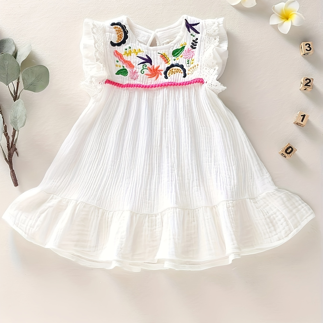 

Baby's Colorful Ethnic Pattern Embroidered Cotton Muslin Dress, Casual Ruffle Trim Cap Sleeve Dress, Infant & Toddler Girl's Clothing For Summer/spring, As Gift