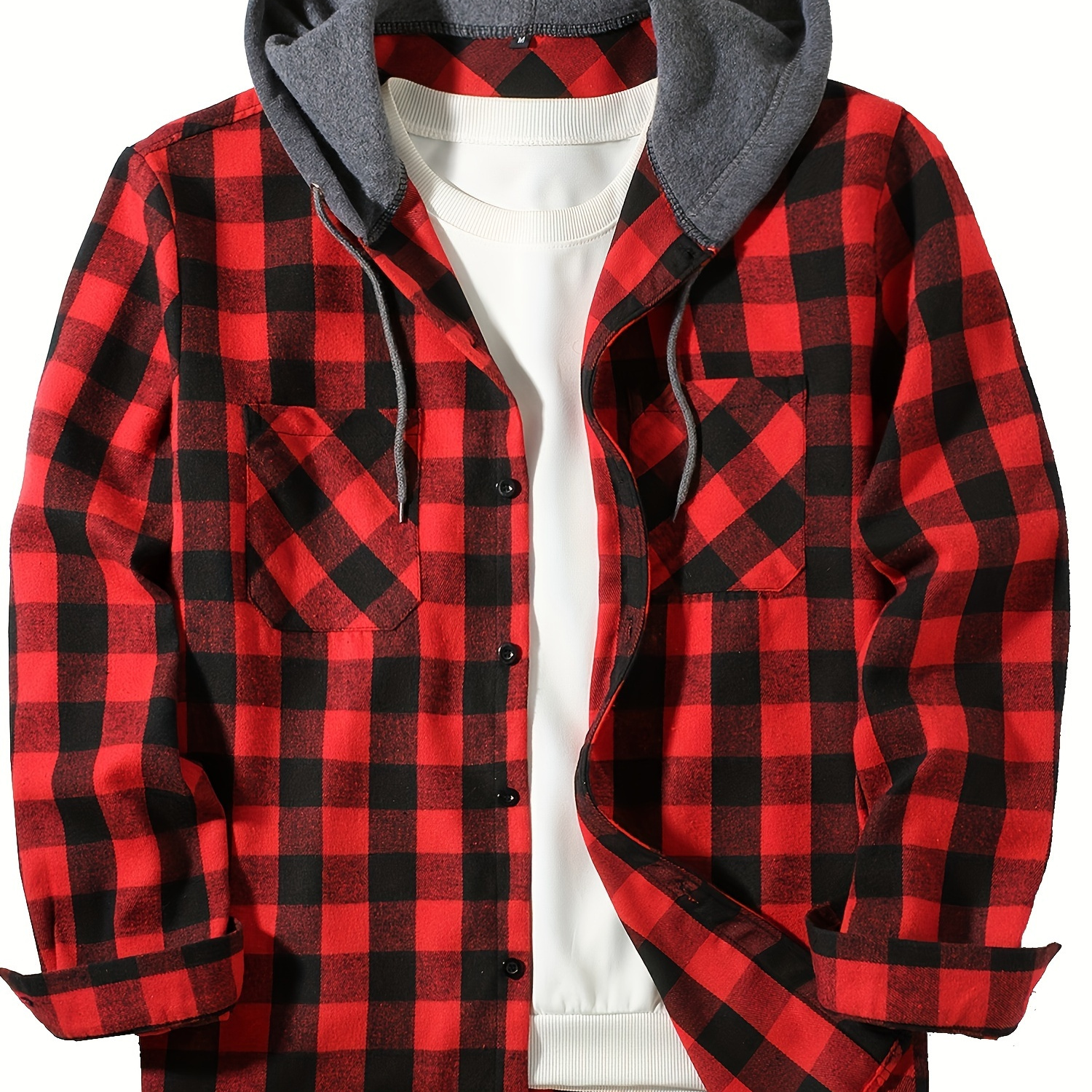 

Men's Casual Hooded Plaid Shirt, Long Sleeve Button Up Clothing, Fashion Outerwear