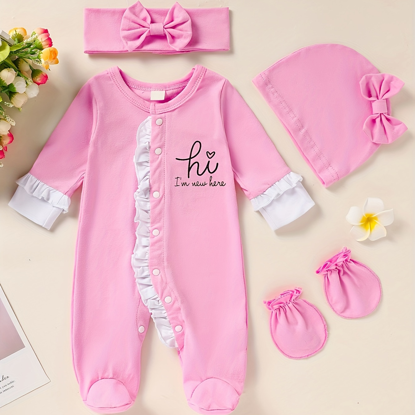 

Newborn Baby Girl Clothes, Letter Print Footed Romper Jumpsuit & Headband & Hat & Baby Mittens, Cute Infant Clothing Set