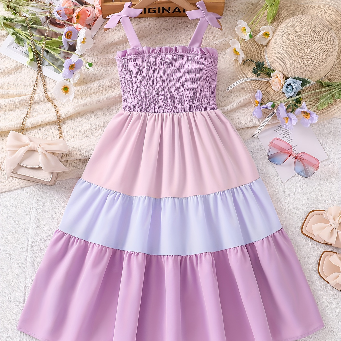 

Girls Casual Color Block Slip Dress Elegant Style Ruffle Hem Holiday Dress