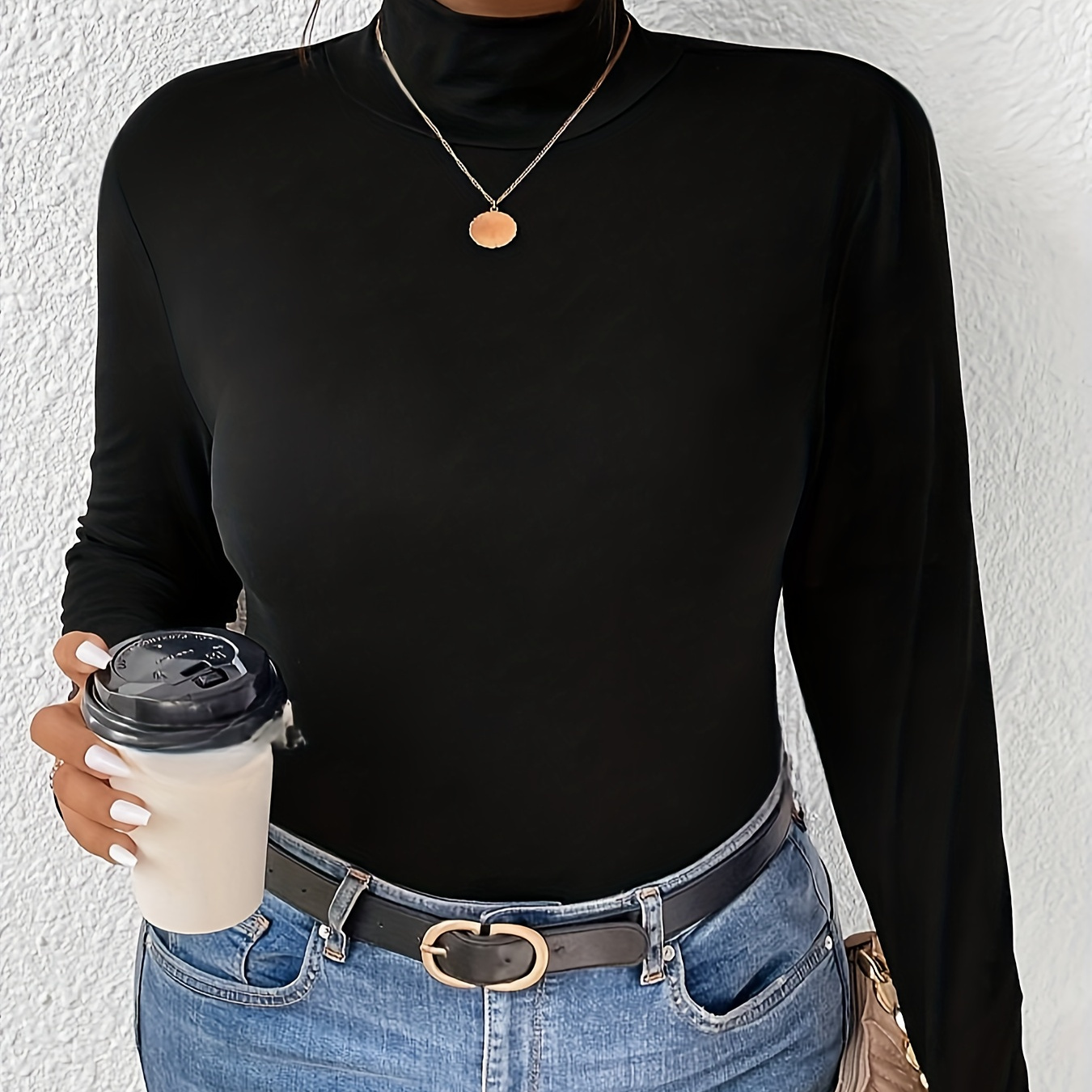 

Elegant High-neck Long Sleeve T-shirt For Women - Chic , Stretchy Knit Fabric, Fall/winter,