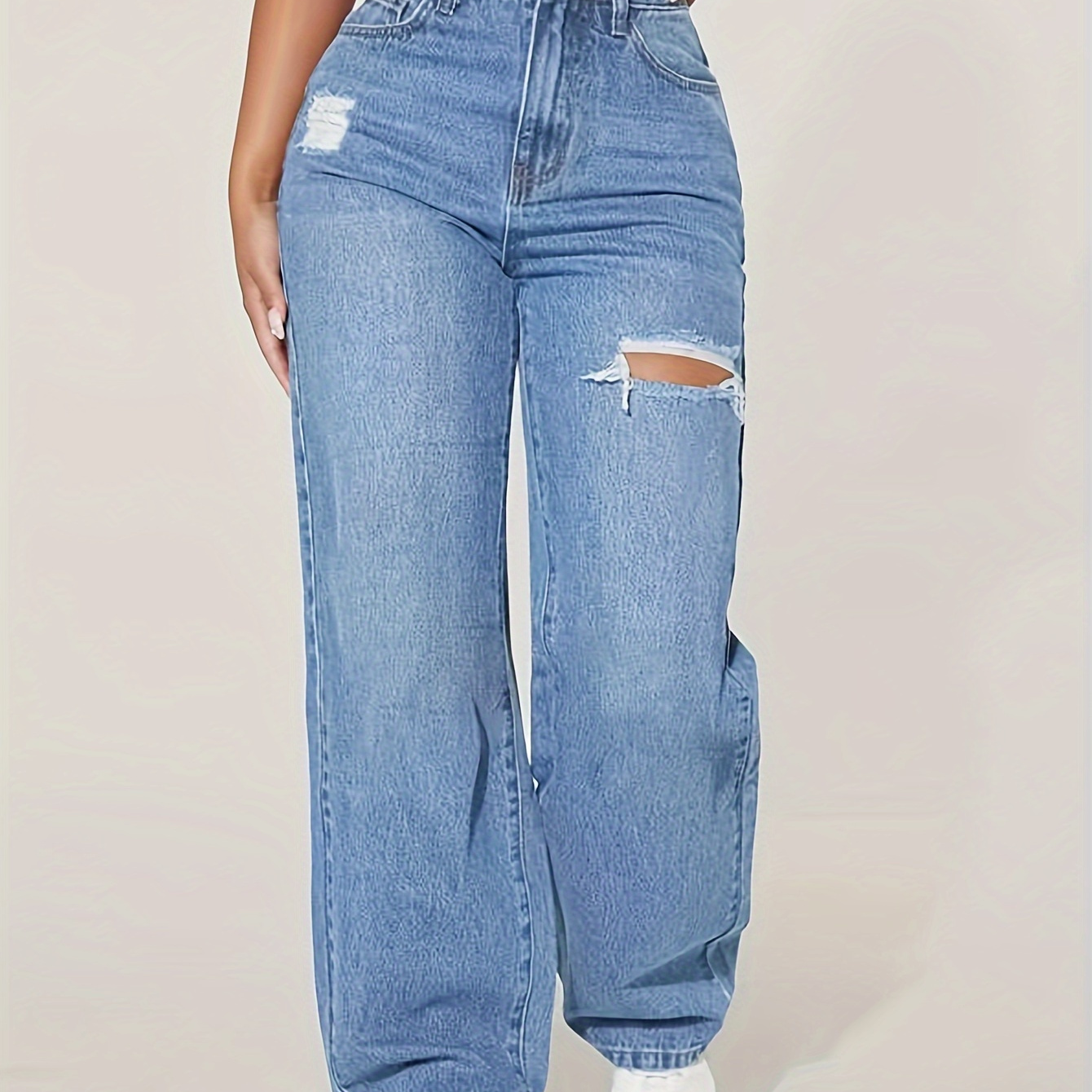 

Ripped Holes Washed Straight Jeans, Loose Fit Slant Pockets Denim Pants, Women's Denim Jeans & Clothing