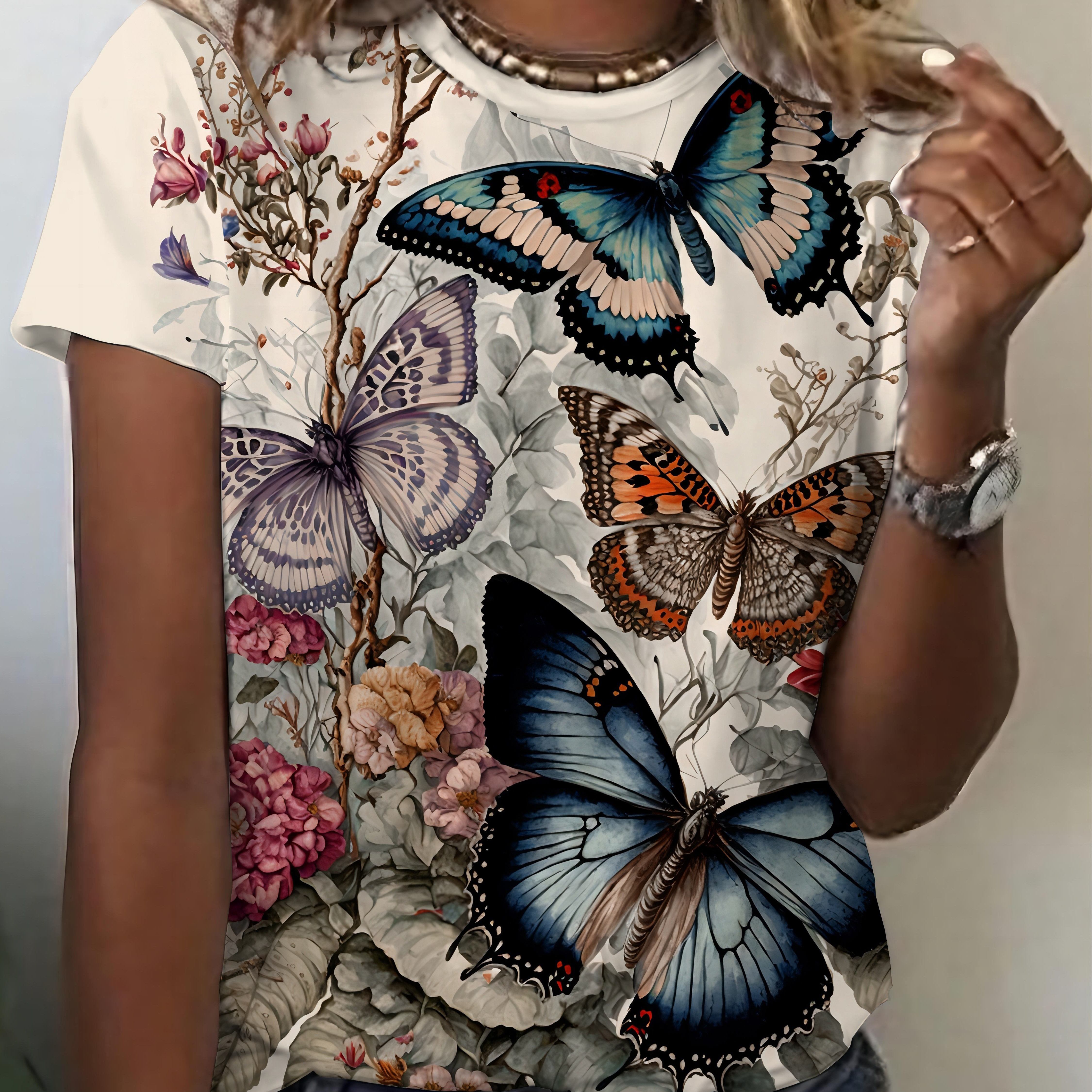 

Women's Casual Butterfly Print T-shirt, 3d Printed Short Sleeve Top, Fashionable Crew Neck Tee For Daily Wear