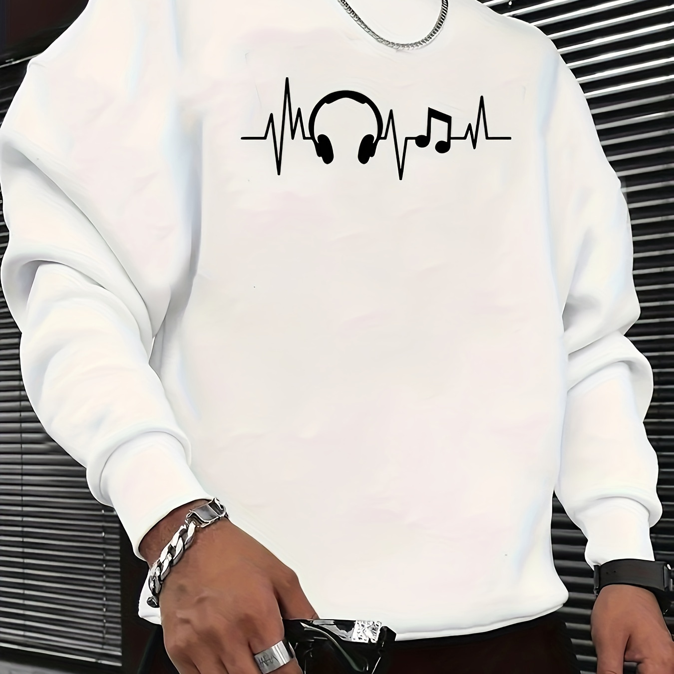 

Music Print Men's Pullover Sweatshirt, Casual Streetwear Fashion Long Sleeve Crew Neck Sweater, Basic Top For Sports & Daily Wear