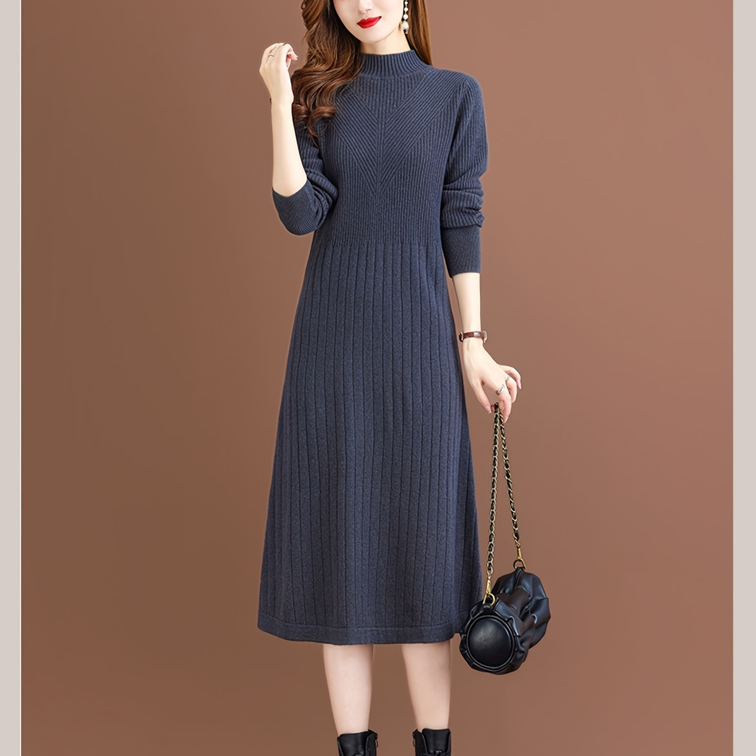 

Elegant Solid Color Over-the-knee Knit Dress For Women - Cozy Ribbed Mid-length Sweater Dress With Round Neckline, Autumn And Winter, Casual Elegant Attire|round Neckline Dress|relaxed Fit