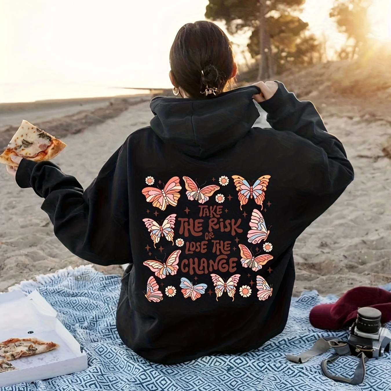 

Plus Size Butterfly Print Hoodie, Casual Long Sleeve Pocket Drawstring Hoodies, Women's Plus Size clothing