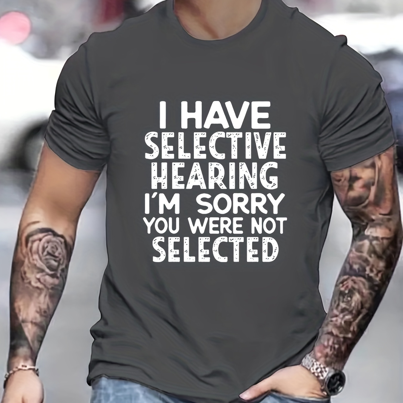 

I Have Selective Hearing Letter Graphic Print Men's Creative Top, Casual Short Sleeve Crew Neck T-shirt, Men's Tee For Summer Outdoor