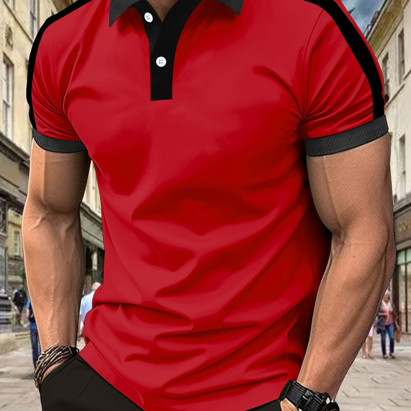 

Men's Casual Color Block Sports Short Sleeve Lapel Shirt, Summer Outdoor Leisure