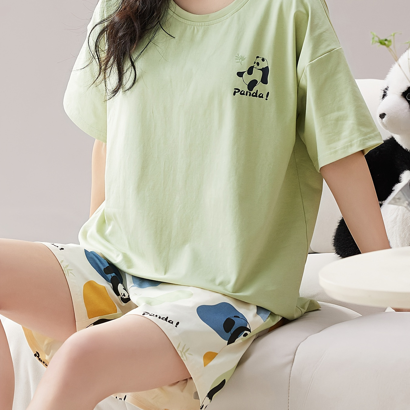

Cute Panda & Color Block Print Loose Fit Pajama Set, Short Sleeve Round Neck Top & Elastic Shorts, Women's Sleepwear