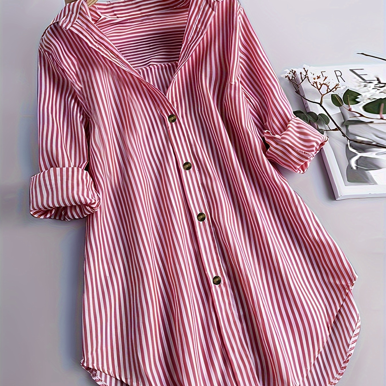 

Plus Size Striped Button Front Shirt, Casual Curved Hem Long Sleeve Shirt For Spring & Fall, Women's Plus Size Clothing