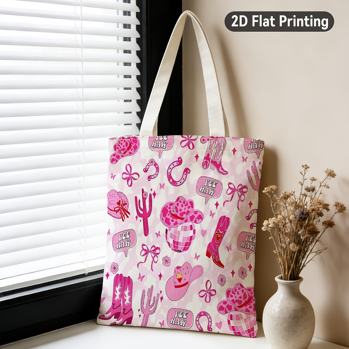 TEMU 2d Flat 1pc Western Cowgirl Style Pink Cowboy Hats Boots Reusable Tote Bag, Duplex Prints Cute Cactus , Ideal For Grocery Shopping, Picnic ,