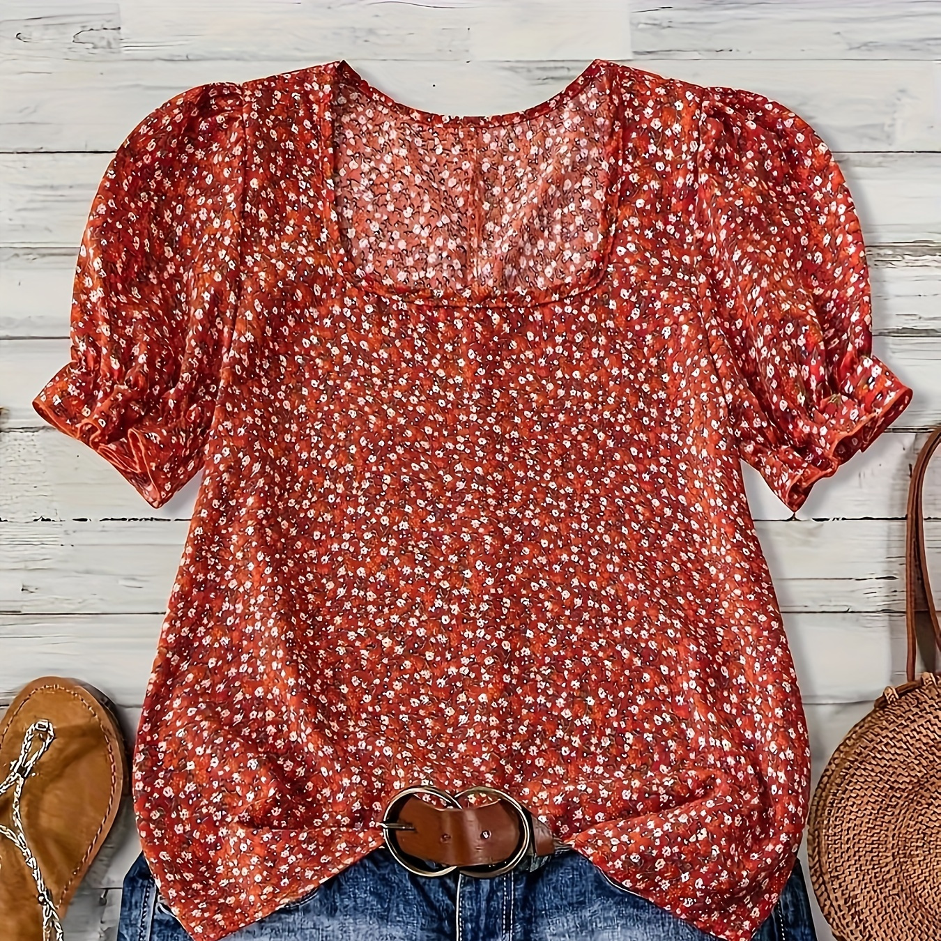 

Elegant Floral Neck Blouse For Women - Chic Summer Puff Sleeve Top, Polyester, Machine Washable