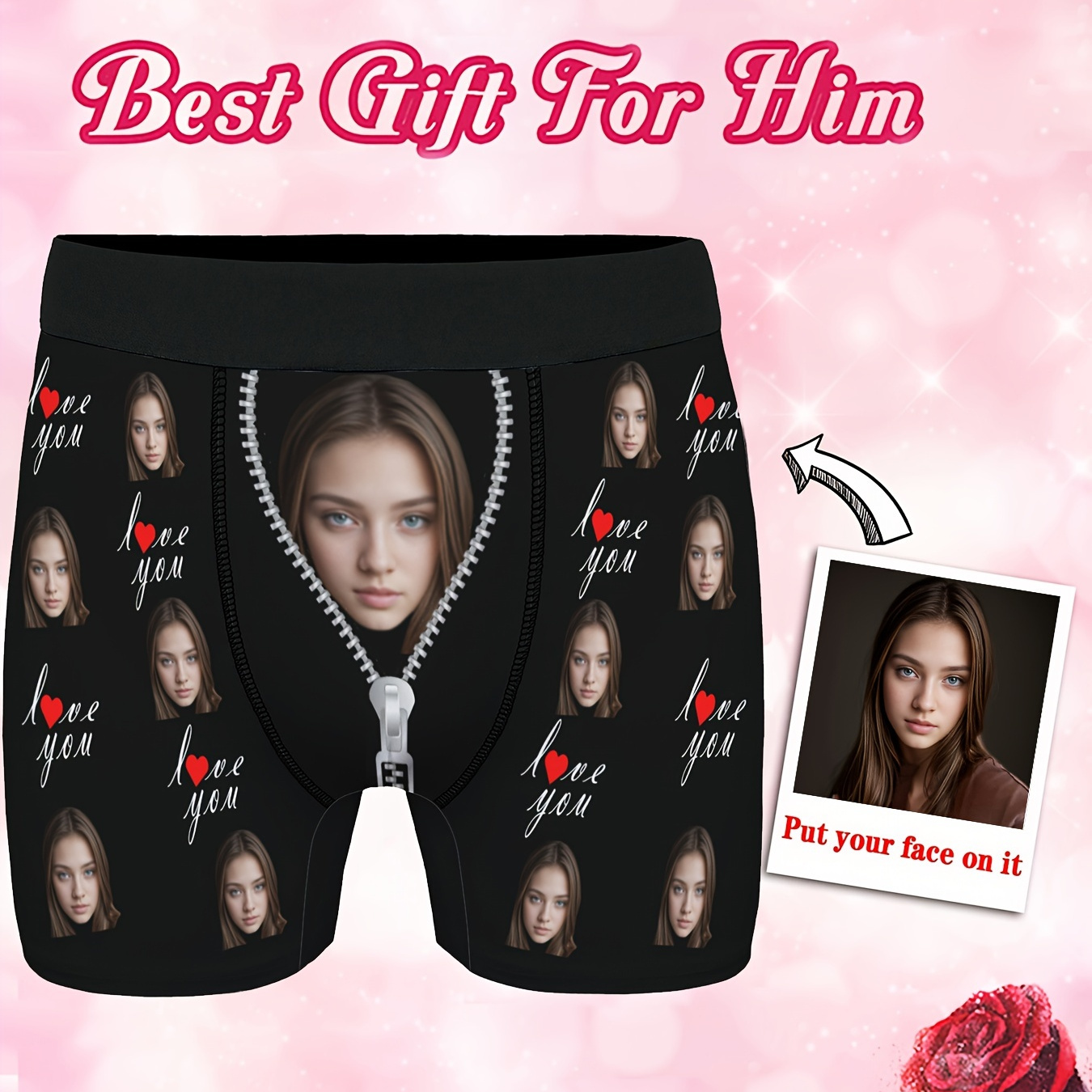 

Custom Men's Underwear Face Photo Personalized Boxer Briefs For Boyfriend Husband, Funny Zipper Print Fashion High Elastic Comfortable Sexy Underpants Holiday Anniversary Gifts For Him