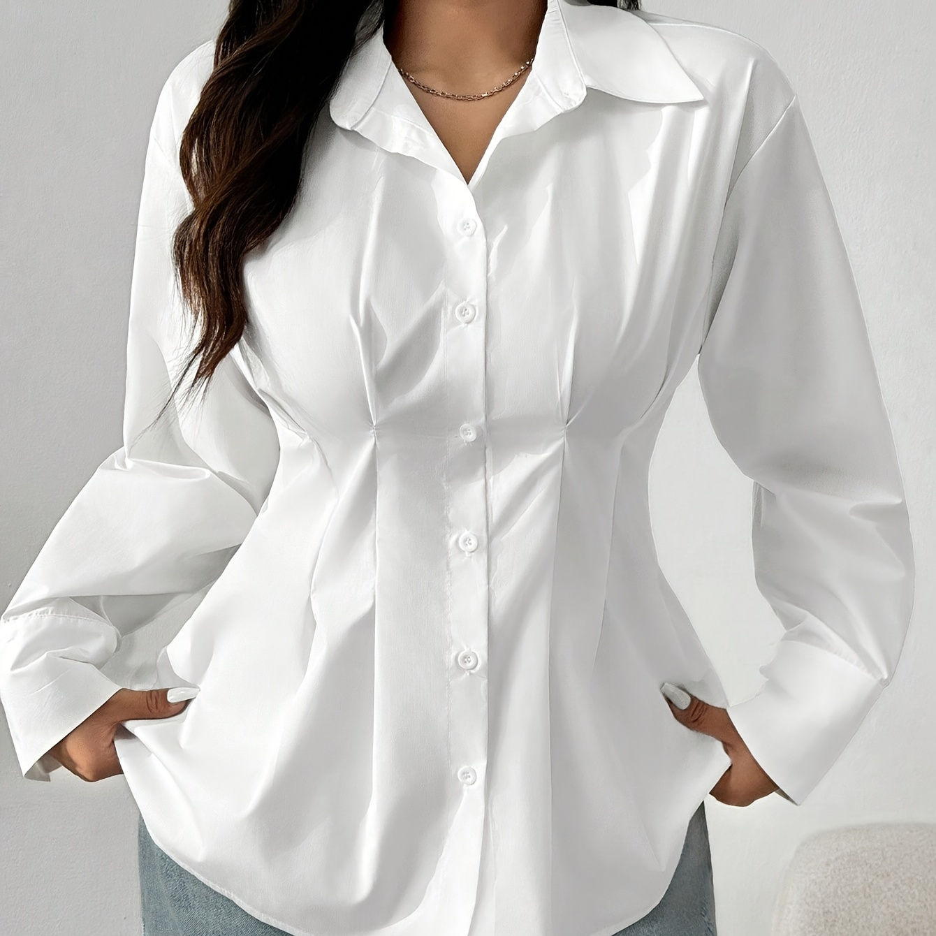 

Women's Plus Size Elegant Black Blouse - Long Sleeve, Button Front, Cinched Waist, , Polyester And Elastane , Machine Washable, Plus Size Blouses