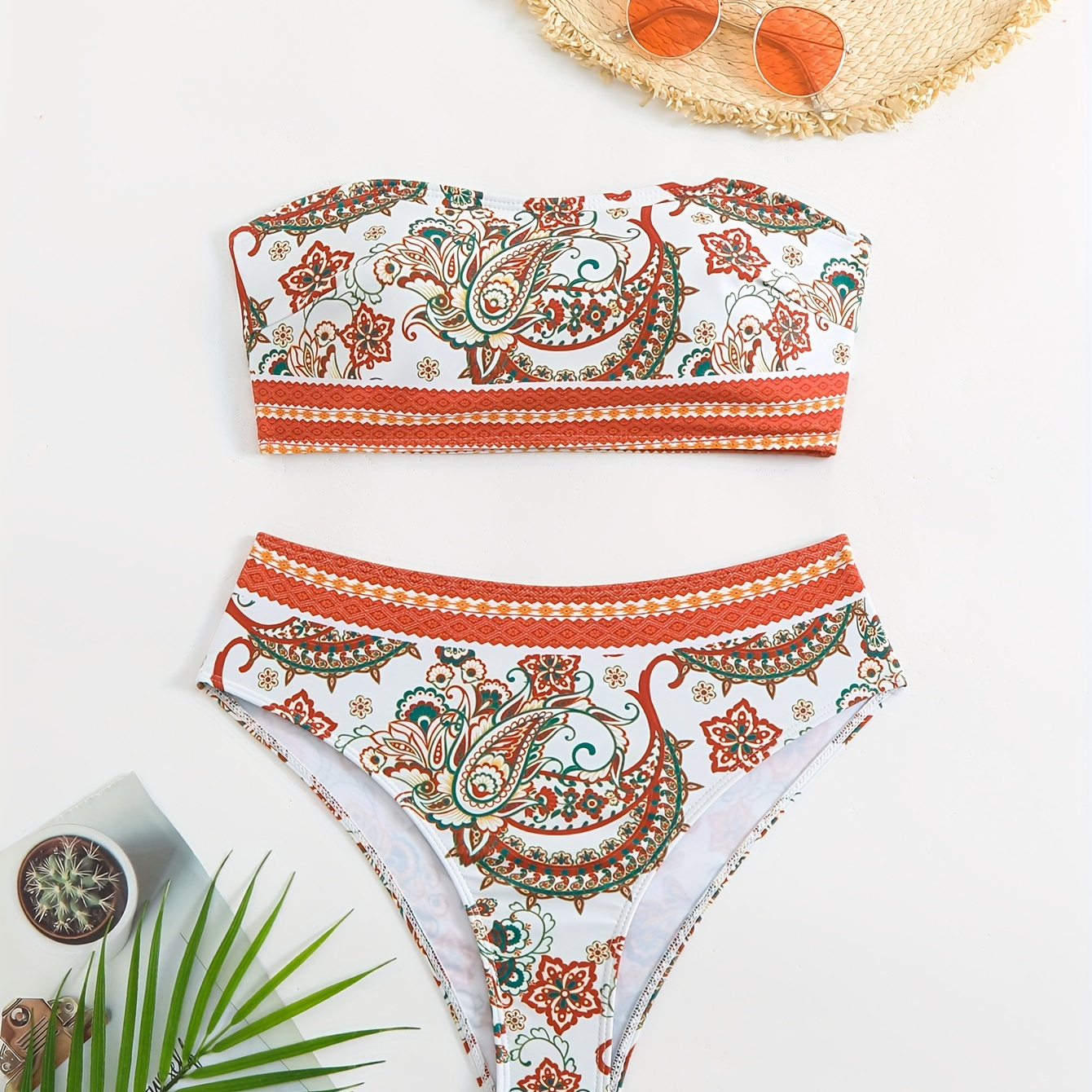 

Tribal Style Floral Pattern Bandeau 2 Piece Set Bikini, Tube Top Stretchy High Cut Swimsuits, Women's Swimwear & Clothing