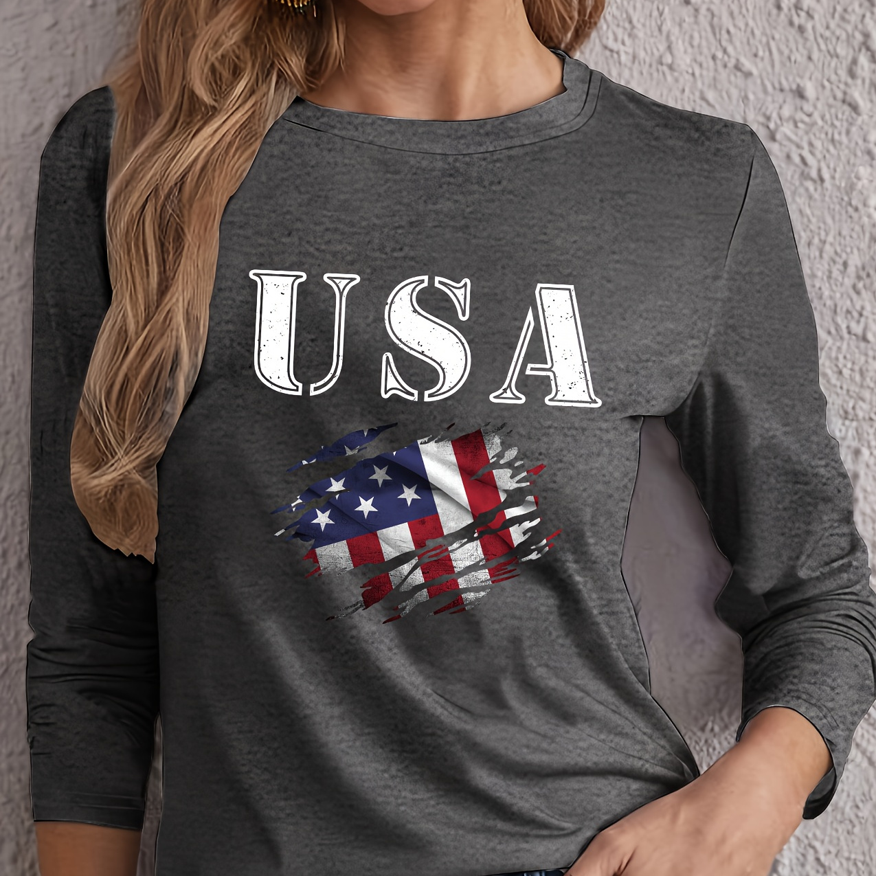 

Usa Print T-shirt, Long Sleeve Crew Neck Casual Top For Spring & Fall, Women's Clothing