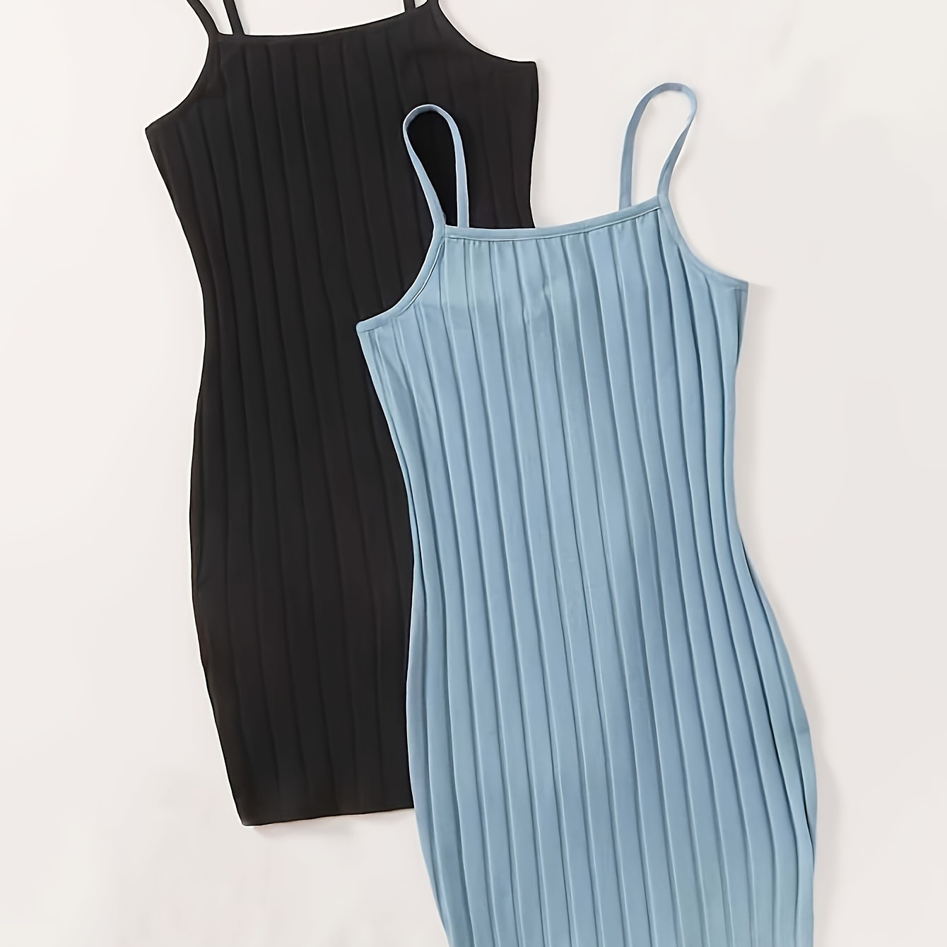 

2pcs Solid Color Spaghetti Strap Dress, Elegant Ribbed Sleeveless Cami Dress For Spring & Summer, Women's Clothing