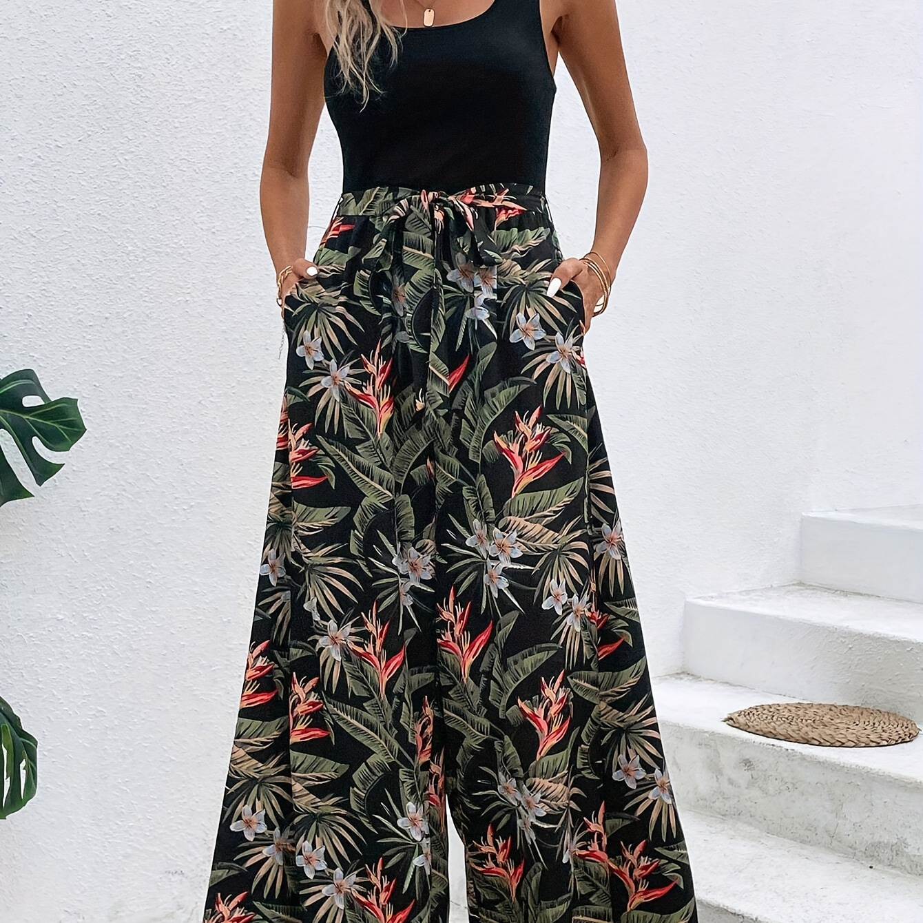 

Floral Print Belted Tank Jumpsuit, Casual Wide Leg Jumpsuit For Spring & Summer, Women's Clothing