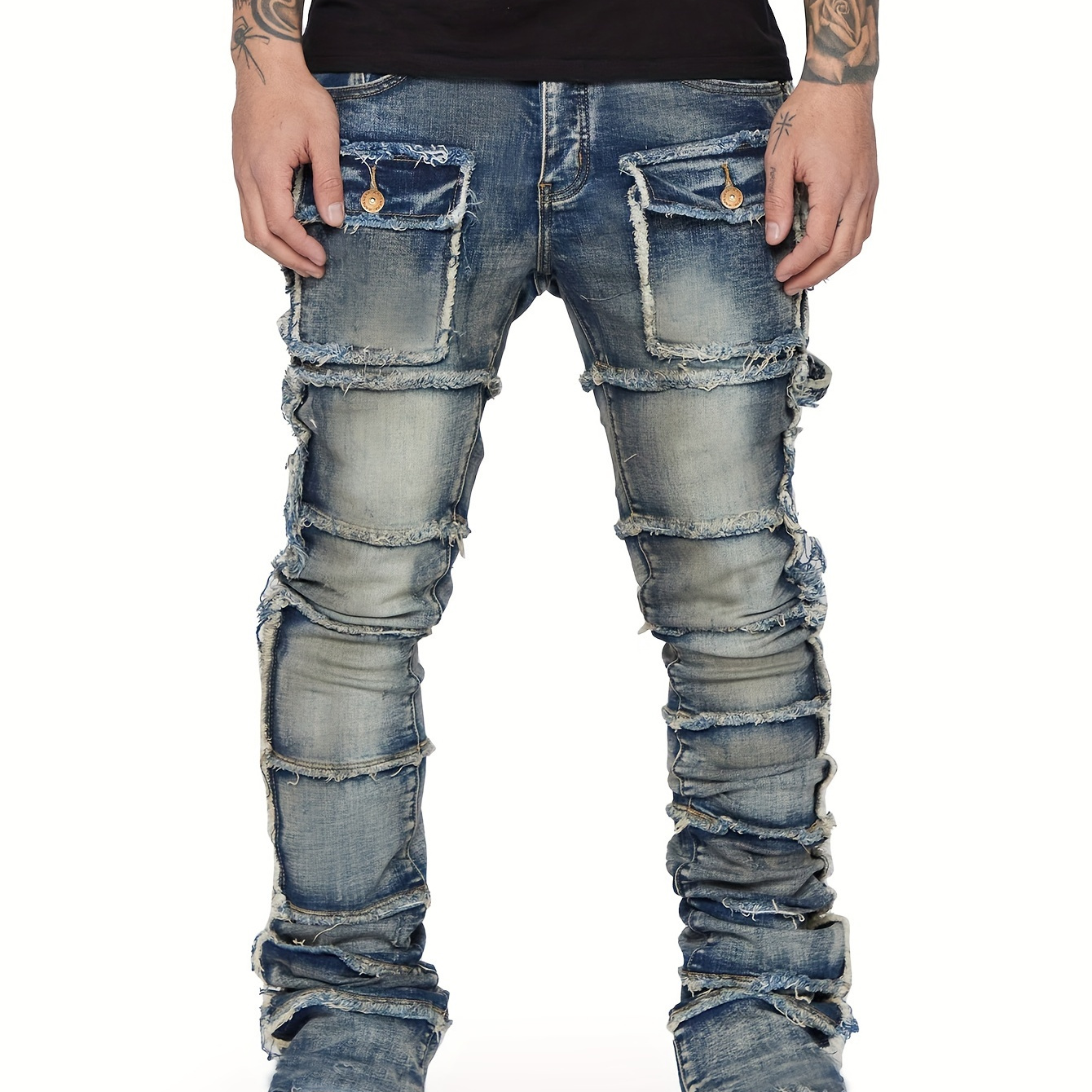 

Men's Denim Cargo Straight Leg Pants, Fashion Cargo Patched Denim Pants With Stacked Pockets, Street Style