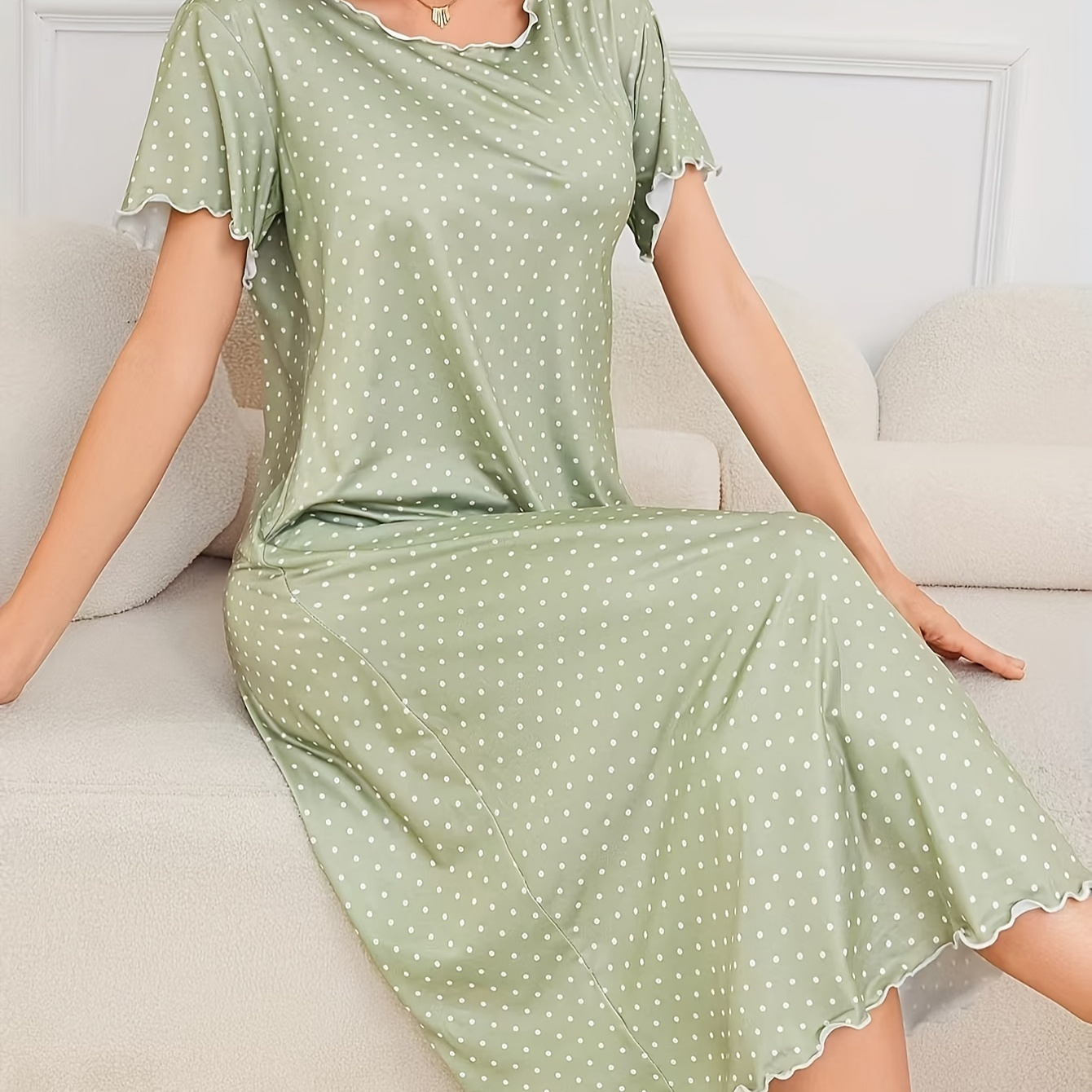 

Women's Polka Dot Ruffle-trim Sleep Dress - Comfy Polyester , Round Neck, Machine Washable - All