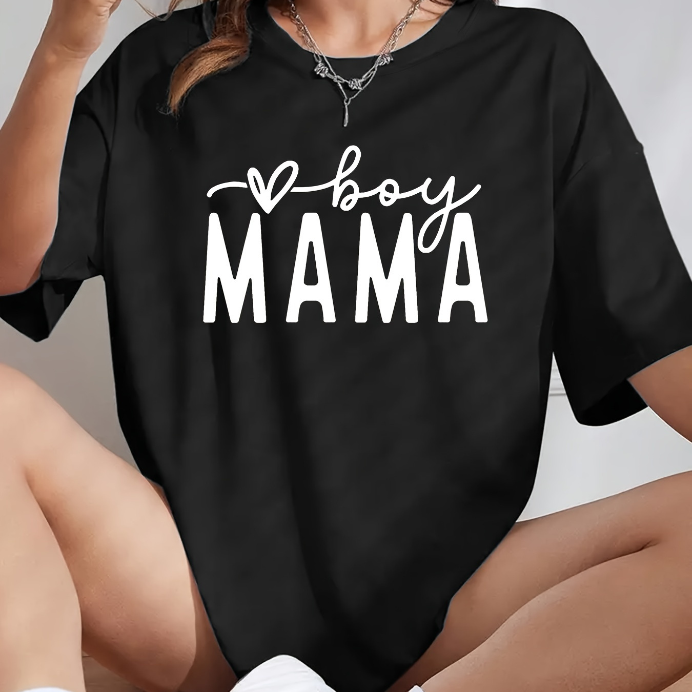 

Boy Mama Print Crew Neck T-shirt, Short Sleeve Casual Top For Summer & Spring, Women's Clothing