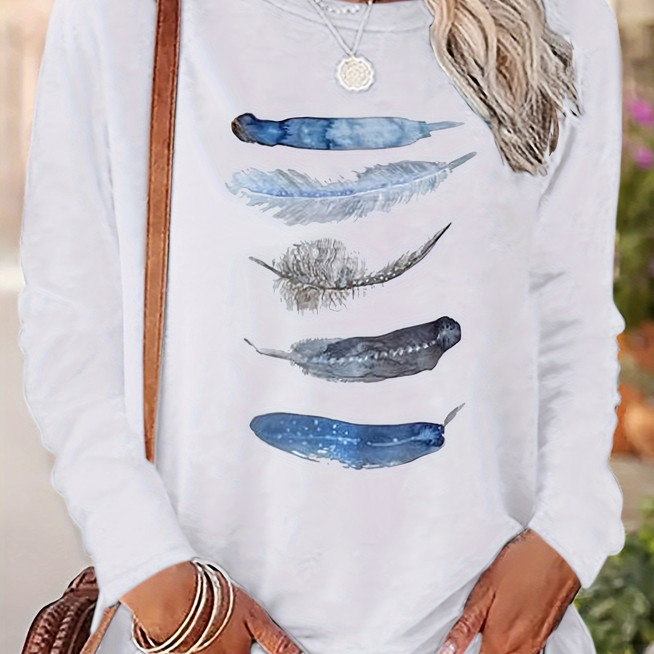 

Feather Print T-shirt, Casual Crew Neck Long Sleeve Top, Women's Clothing