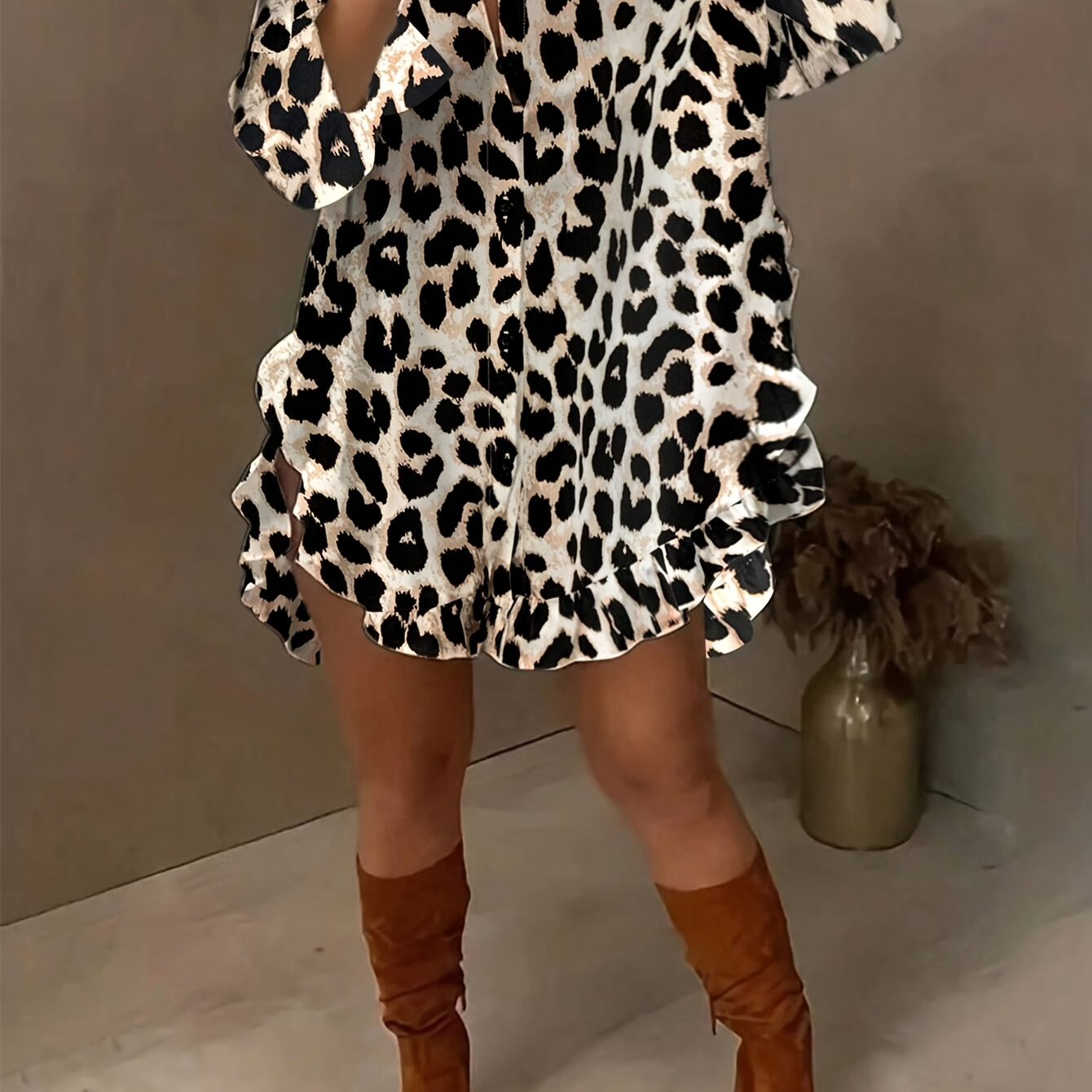 

Women's Elegant Leopard Print Shirt S419, Ruffle Hem, Short Front Long , Long Sleeve, Polyester, Button-up, Spring/, Adult Fashion Top