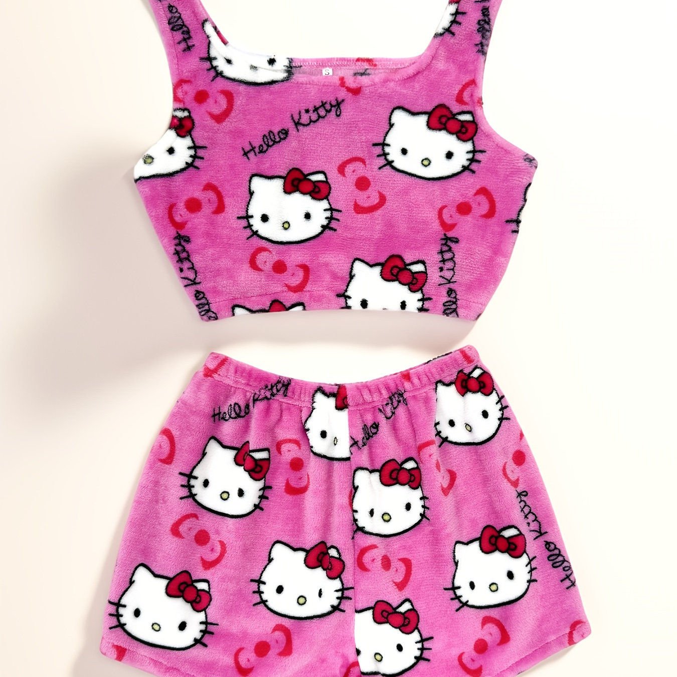 

Women's Cute Hello Kitty Print Fleece Clothing Set, Round Neck Backless Cami Top & Shorts, Comfortable Relaxed Fit For Fall & Winter