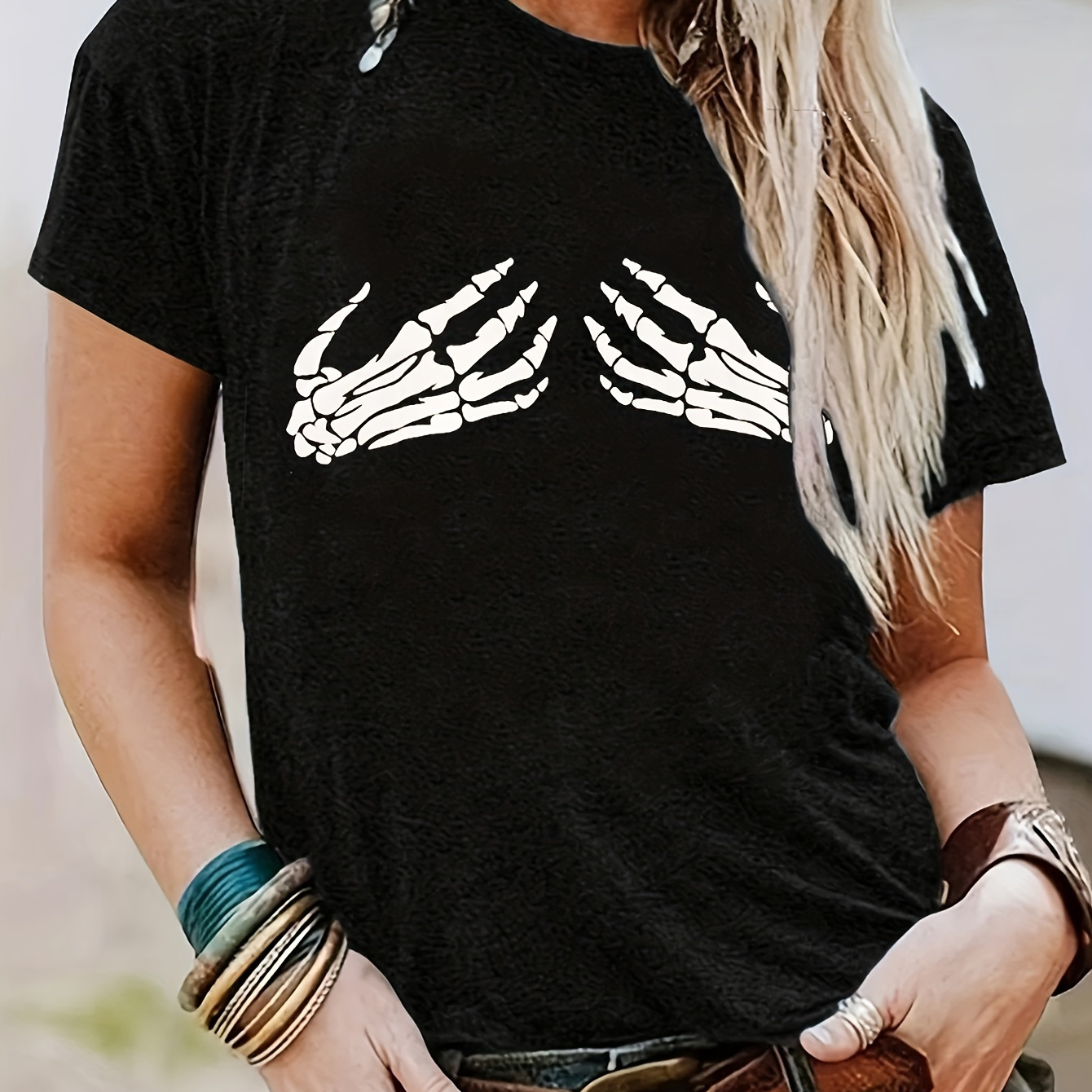 Skeleton Hand Print Crew Neck T-Shirt, Casual Short Sleeve Top For Spring & Summer, Women's Clothing