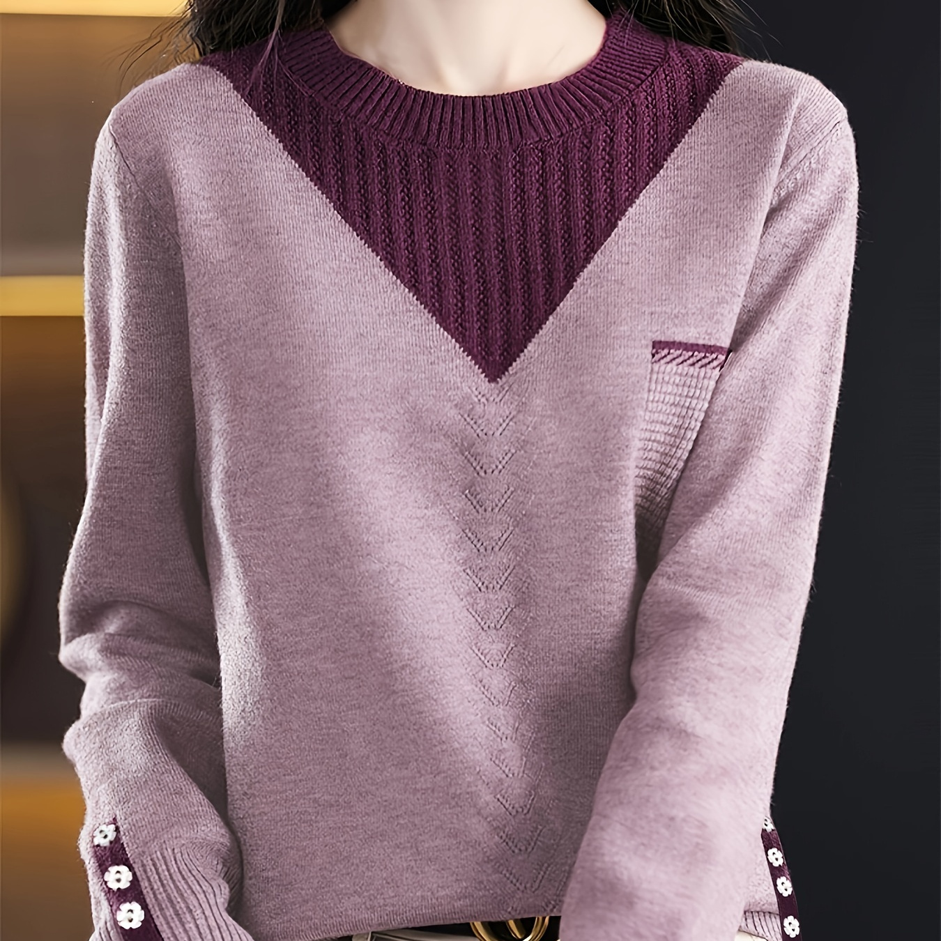 

Elegant Knit Sweater For Women - Crew Neck, Long Sleeve, Machine Washable - Fall & Winter