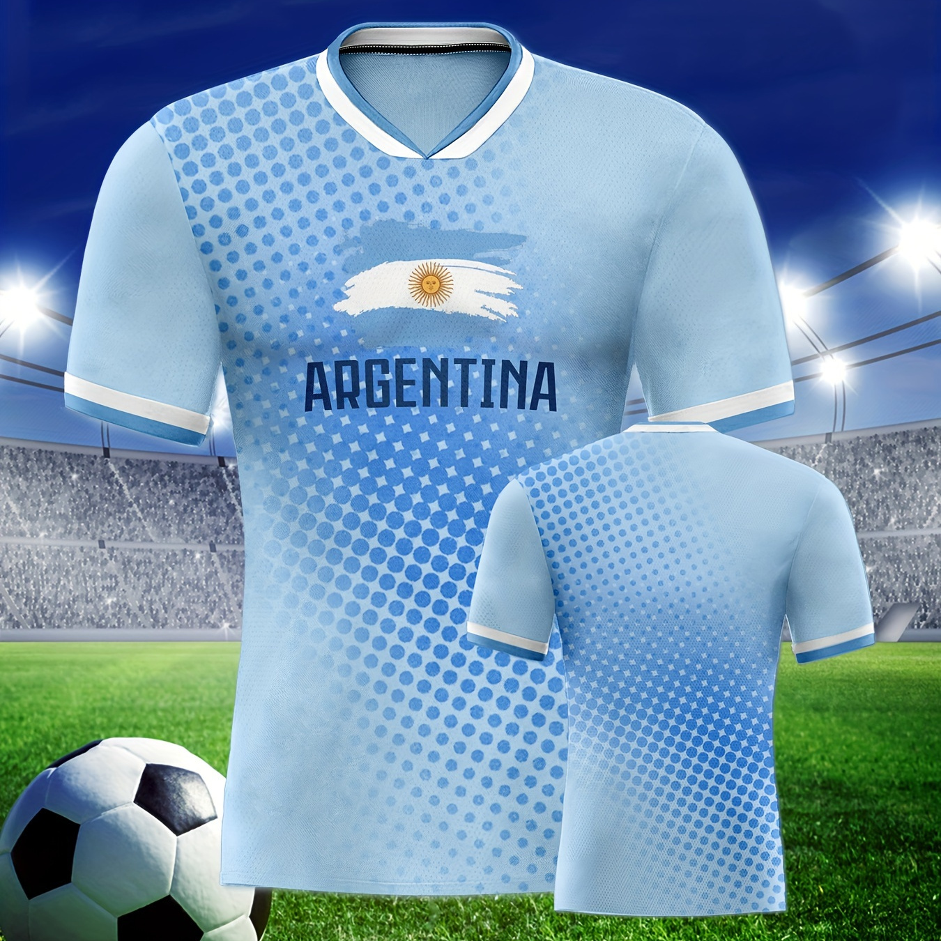 

Argentina-inspired Sun Pattern Sports Soccer Jersey, Fan Edition Shirt With Professional Fabric, Lightweight Breathable Athletic Top For Football Fans