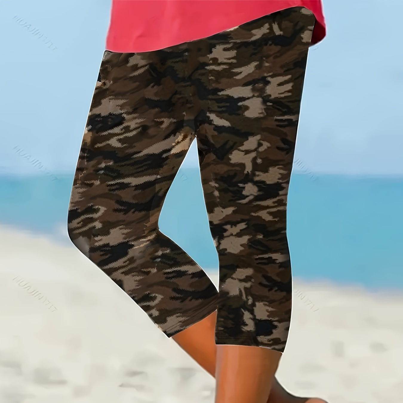 

Plus Size Camo Print Capri Leggings, Casual High Waist Stretchy Leggings For Spring & Summer, Women's Plus Size Clothing