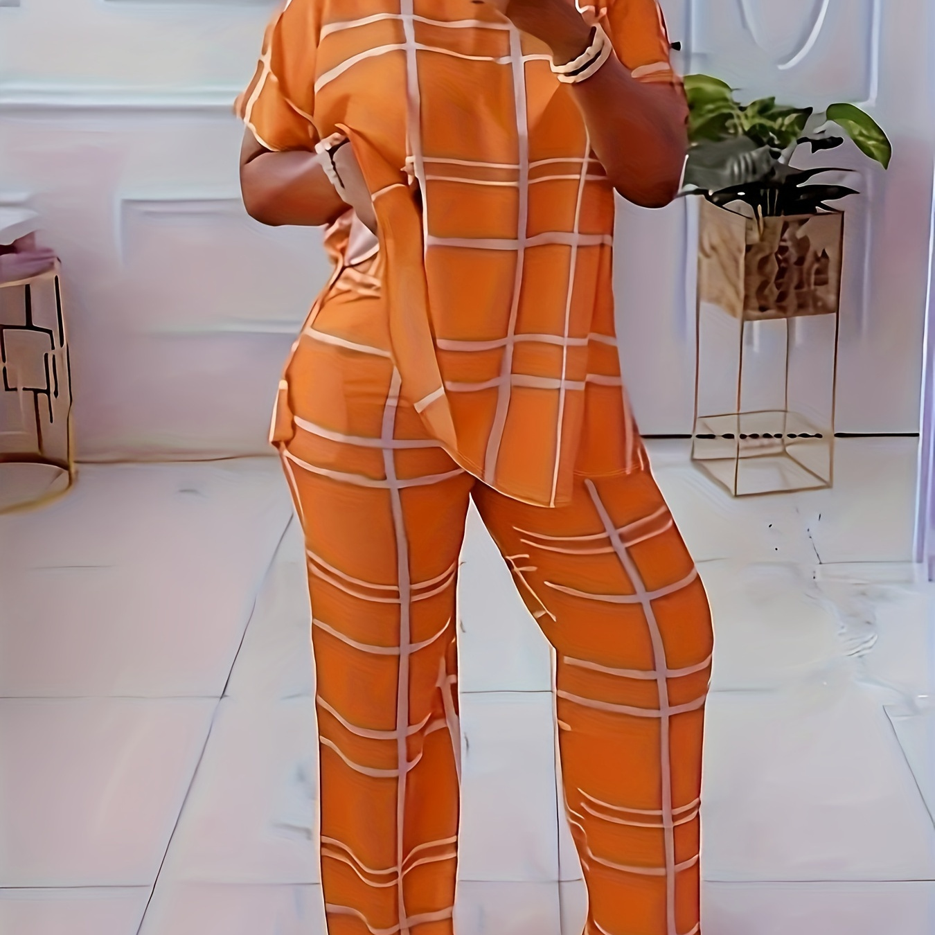 

Plaid Print Casual Pants Set, Short Sleeve Crew Neck Top & Straight Leg Pants Outfits, Women's Clothing