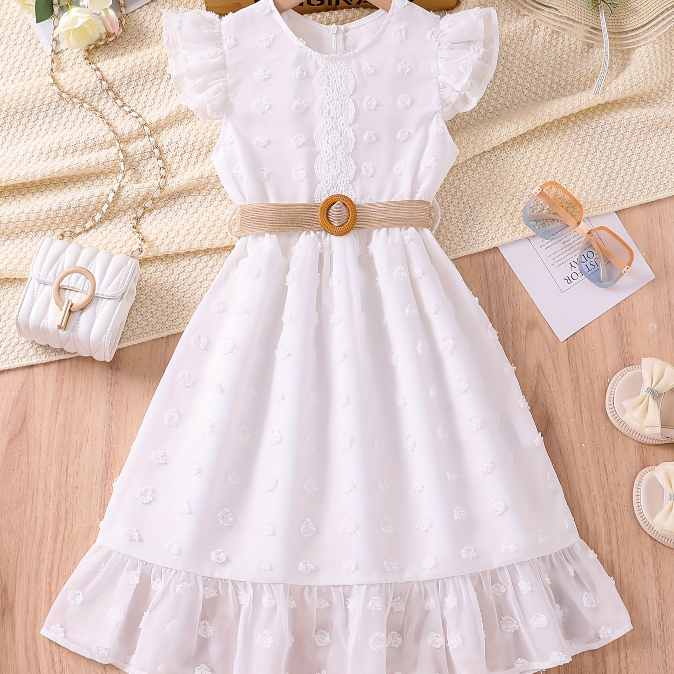 

Girls Elegant Swiss Dot Jacquard Ruffle Dress With Belt, Comfy Casual Dress For Holiday Summer