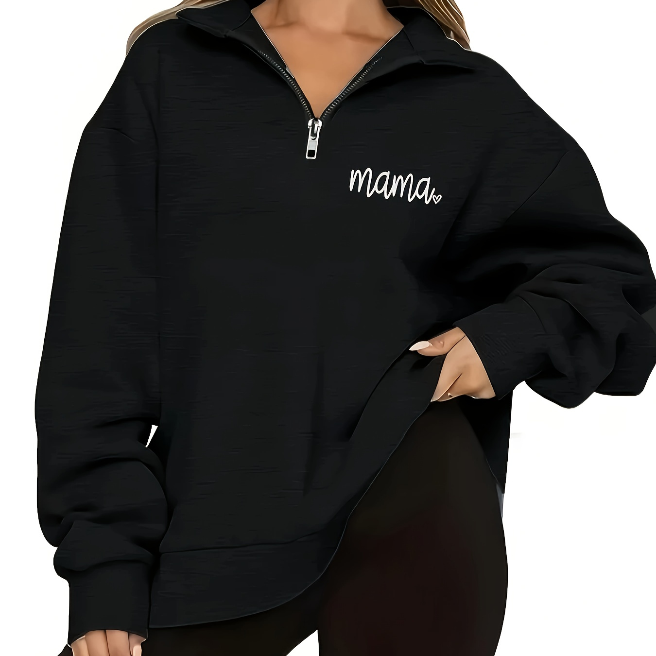 

Mama Letter Print Zip Collared Sweatshirt, Casual Long Sleeve Drop Shoulder Oversized Sweatshirt, Women's Clothing