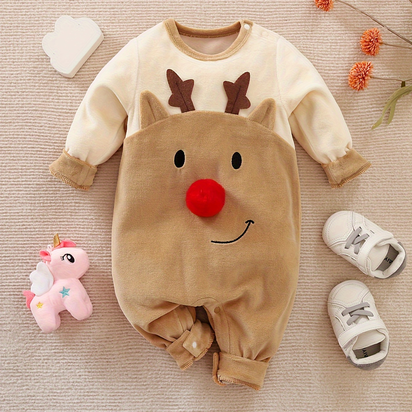 

Cute Christmas Reindeer Romper For Babies - Cotton Blend Knit Fabric, Thick Plush Autumn/winter Jumpsuit With Color Block Design And Detail - Regular Fit