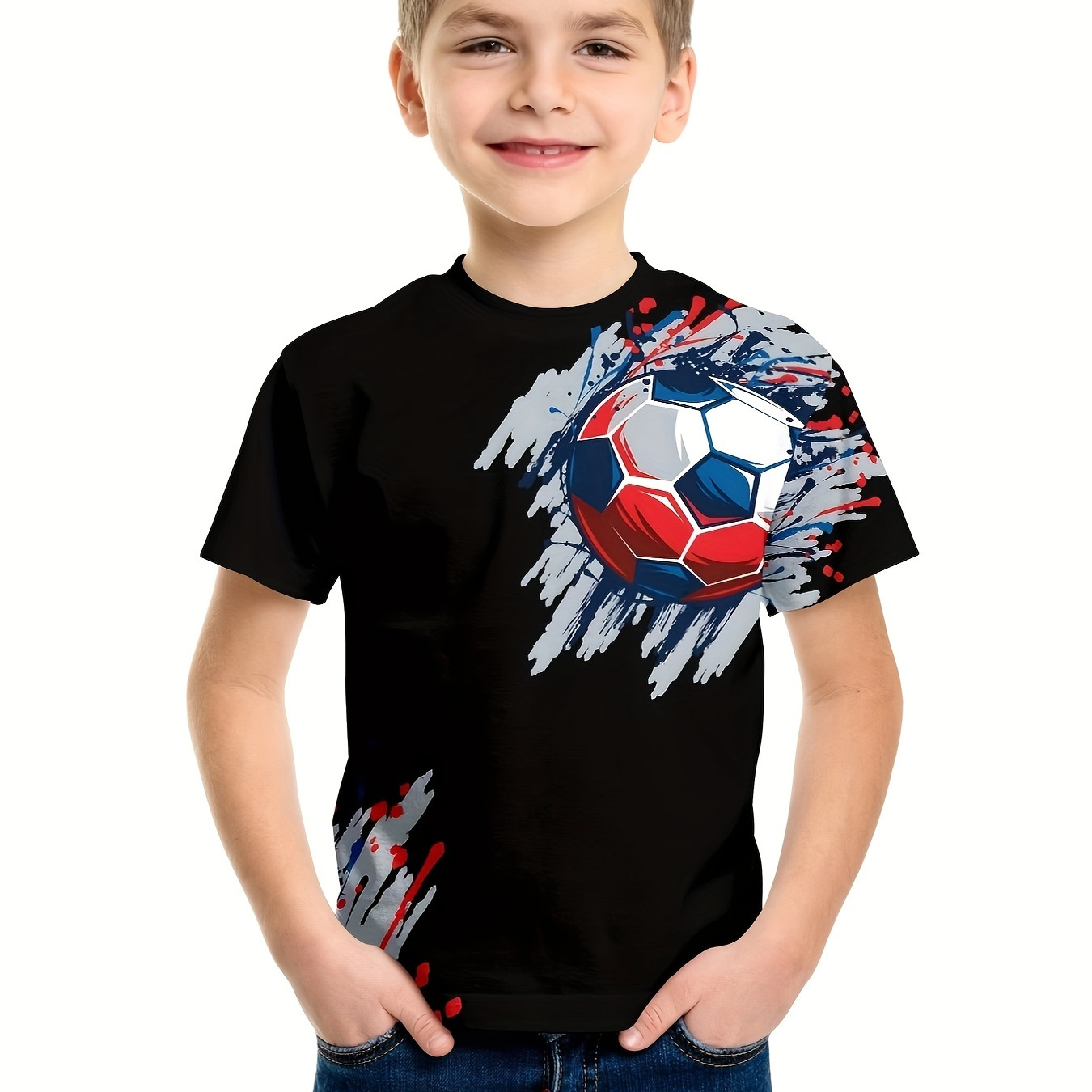 

Trendy Football Graphic 3d Print Short Sleeve T-shirt, Casual Trendy Round Neck Comfy Summer Tops, Boy's Clothing