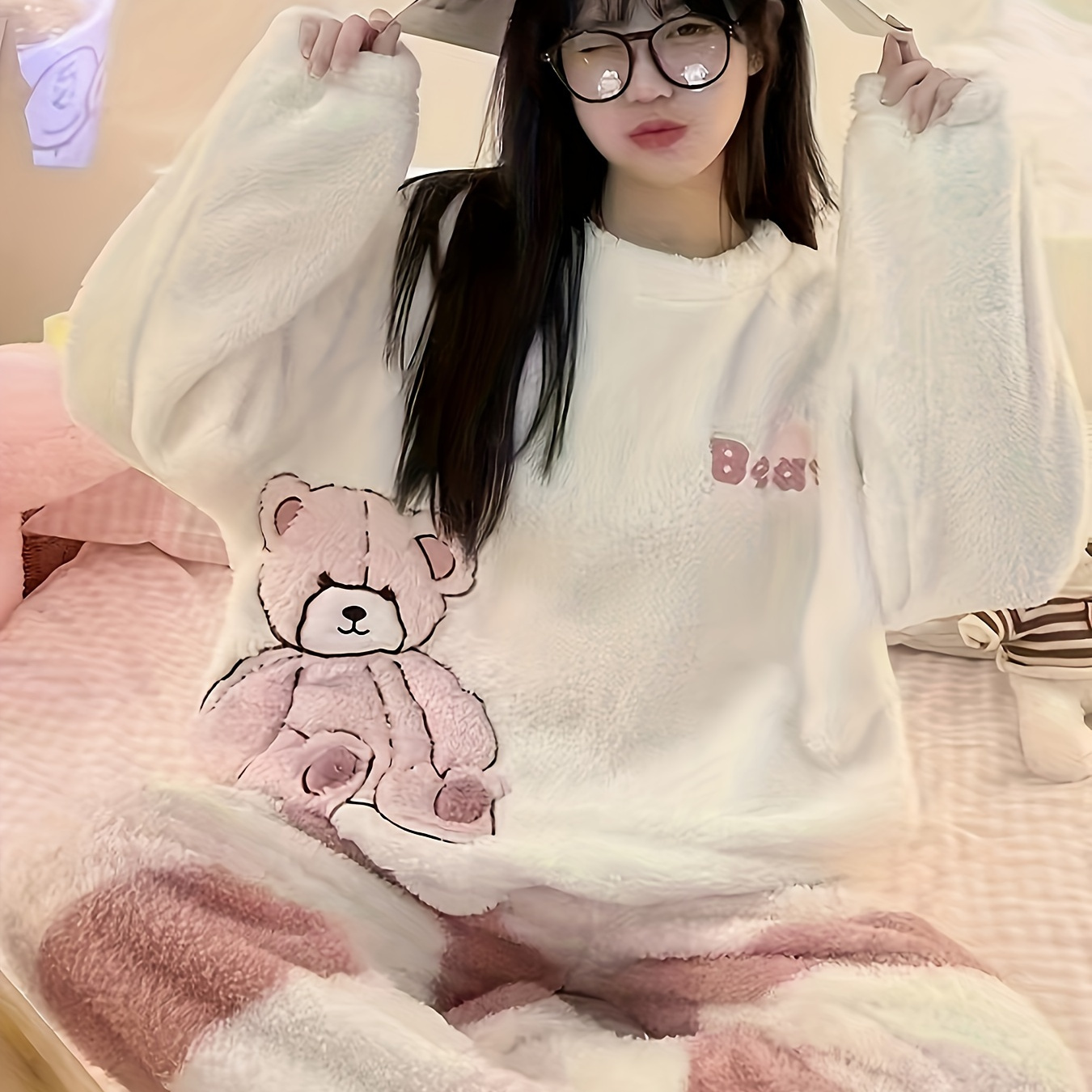 

Women's Flannel Pajamas Pink Cartoon Cute Velvet Thickened Home Clothes