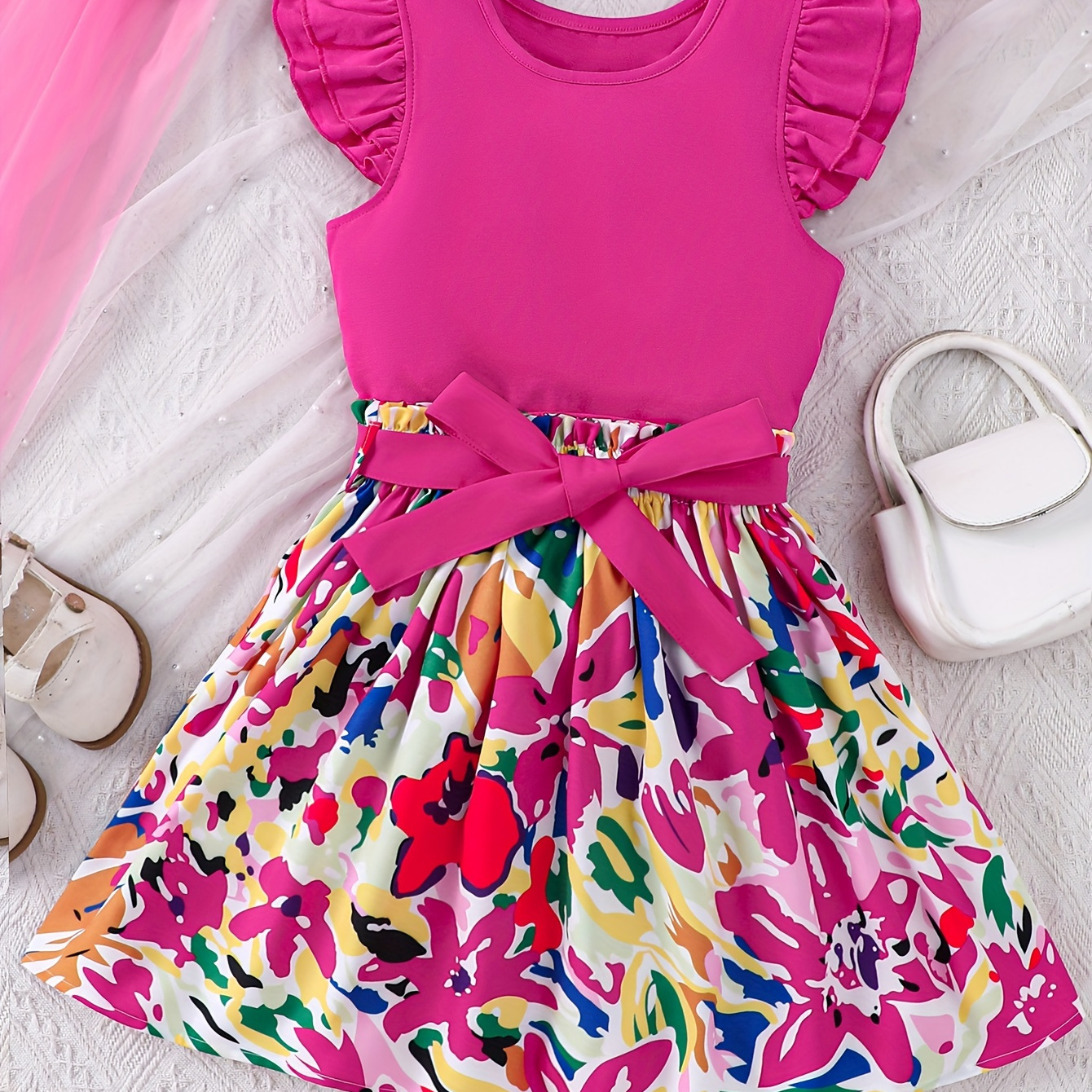 

2pcs Girls Flutter Sleeve Top +graffiti Print Skirt Two-piece Set Summer Outfit