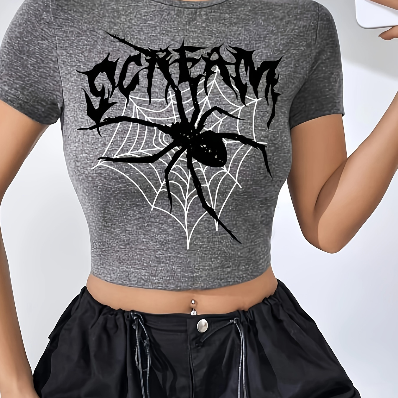 

Spider Print Crew Neck T-shirt, Y2k Short Sleeve Crop Top For Spring & Summer, Women's Clothing