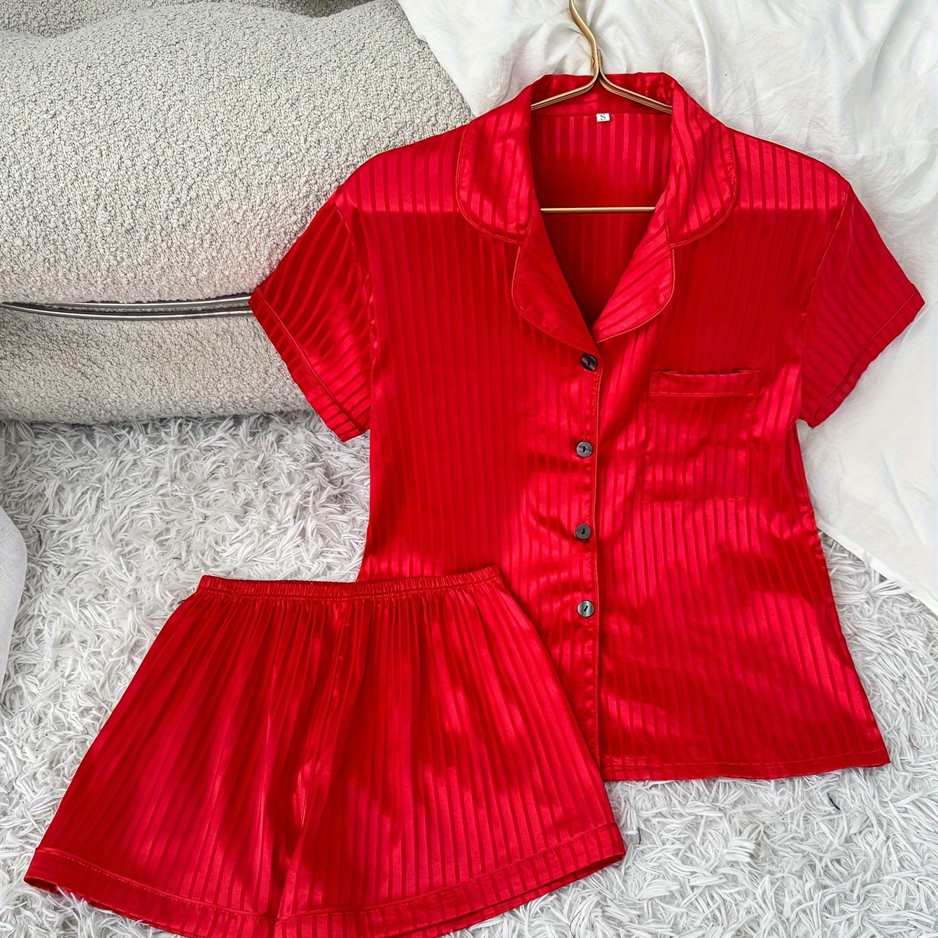 

Women's Striped Satin Casual Pajama Set, Short Sleeve Buttons Lapel Top & Shorts, Comfortable Relaxed Fit