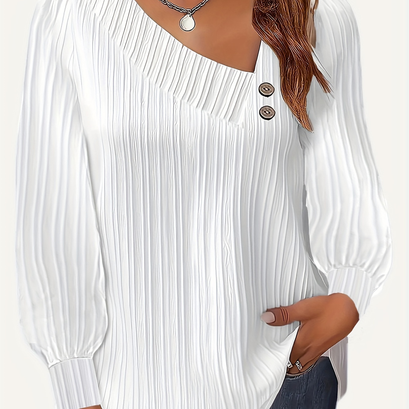 

Plus Size Asymmetrical Neck Top, Casual Solid Long Sleeve Top, Women's Plus Size clothing