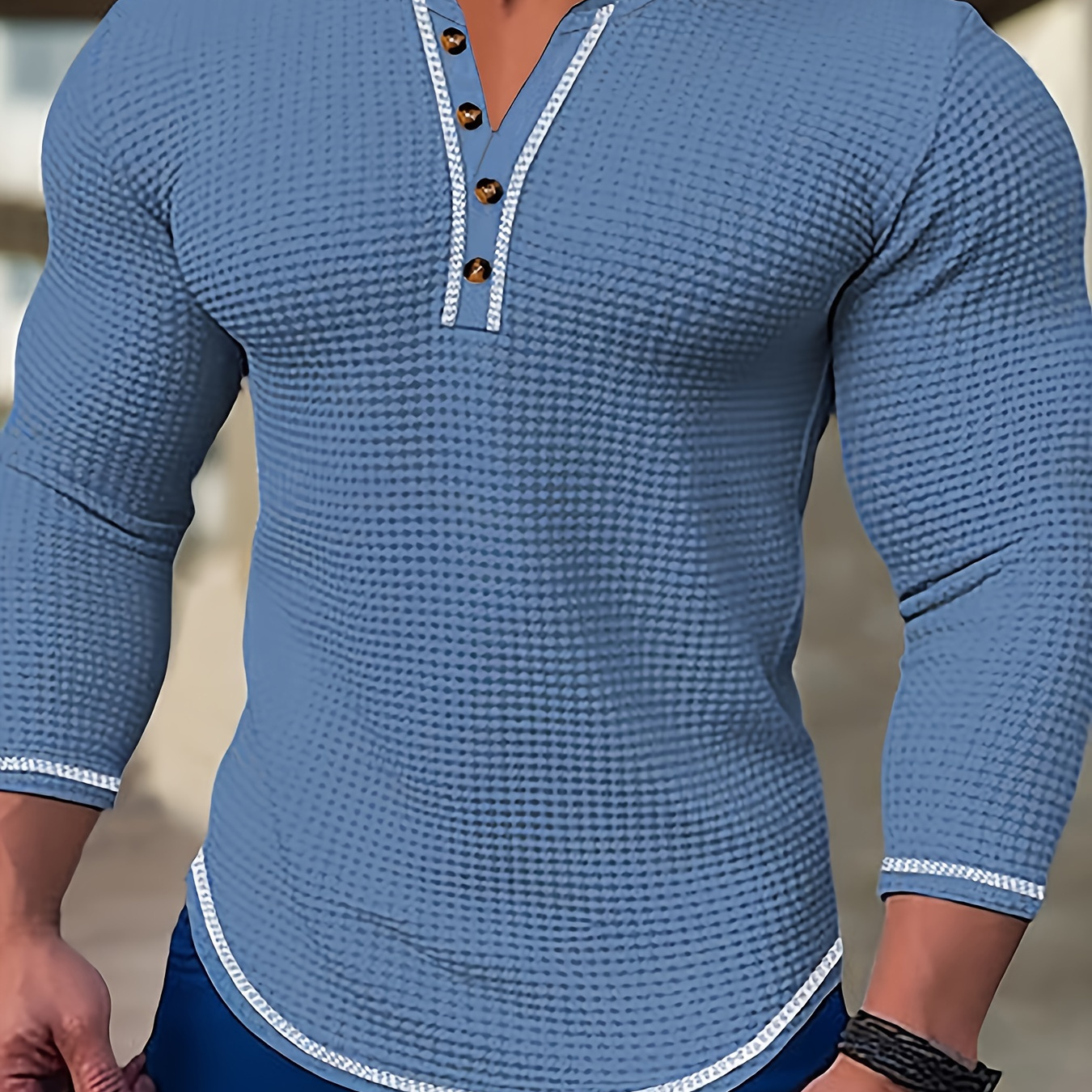 

Men's Waffle Knit Decor Long Sleeve Henley Shirt, Casual Comfy Top For Spring And Fall As Gift