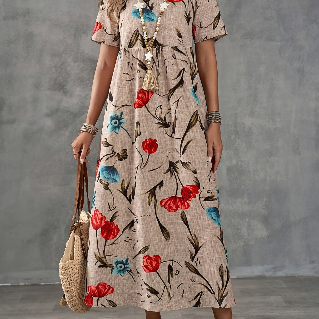 

Floral Print Tunic Dress, Casual Short Sleeve Crew Neck Polyester Summer Dress For Adult Women