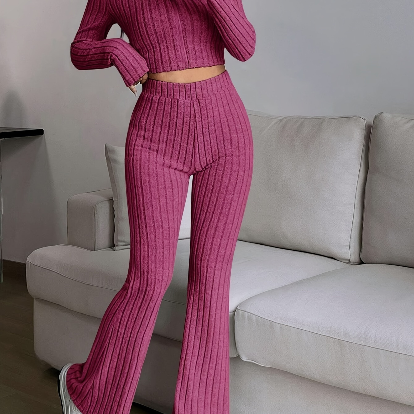 

Casual Solid Color Pants Set, Mock Neck Long Sleeve Top & High Waist Flare Leg Slim Pants For Spring & Fall, Women's Clothing