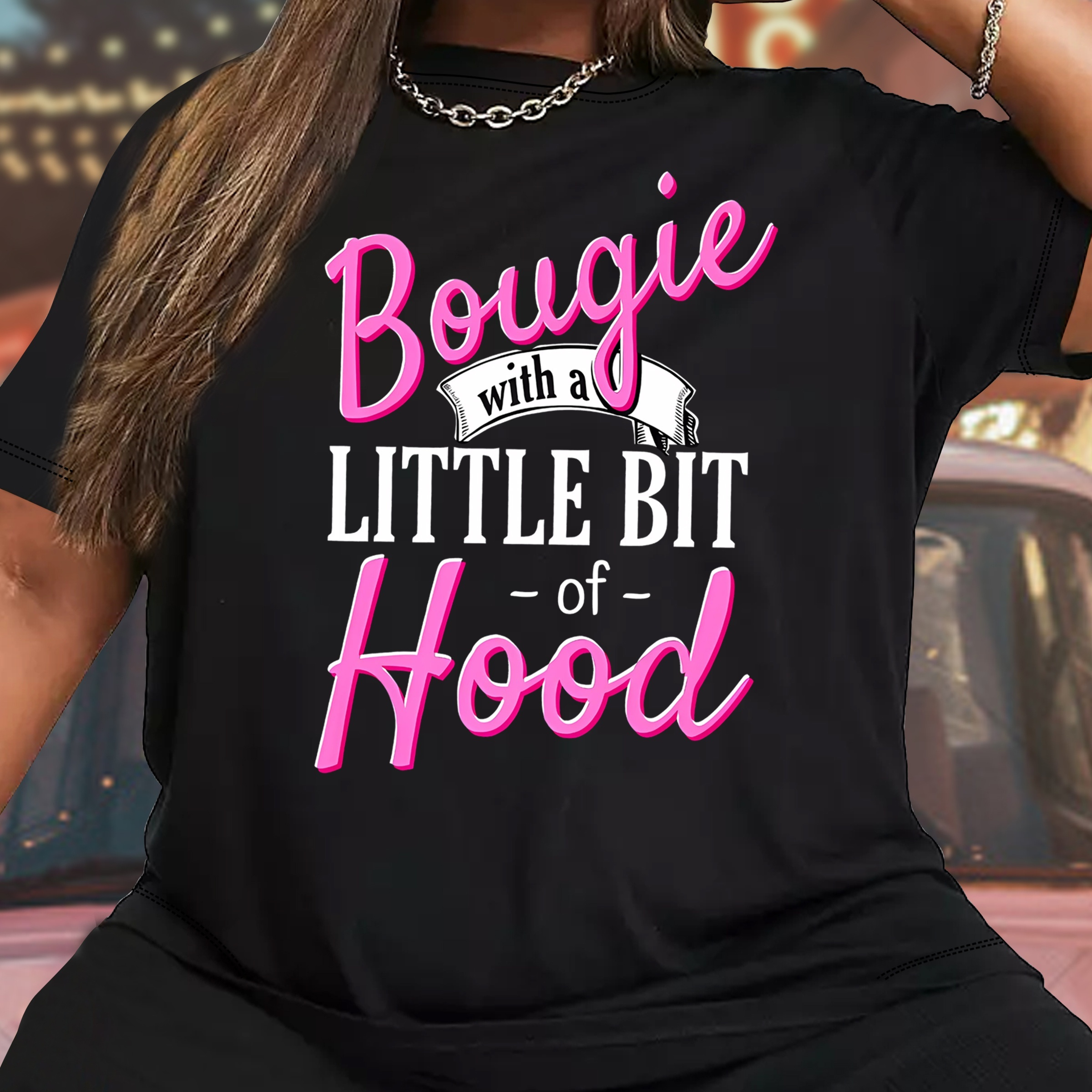 

Women's Plus Size Casual Sporty Tee, "bougie With Of Hood" Colorful Letter Print, Fashionable Oversized Ladies' Short Sleeve T-shirt, Relaxed Style